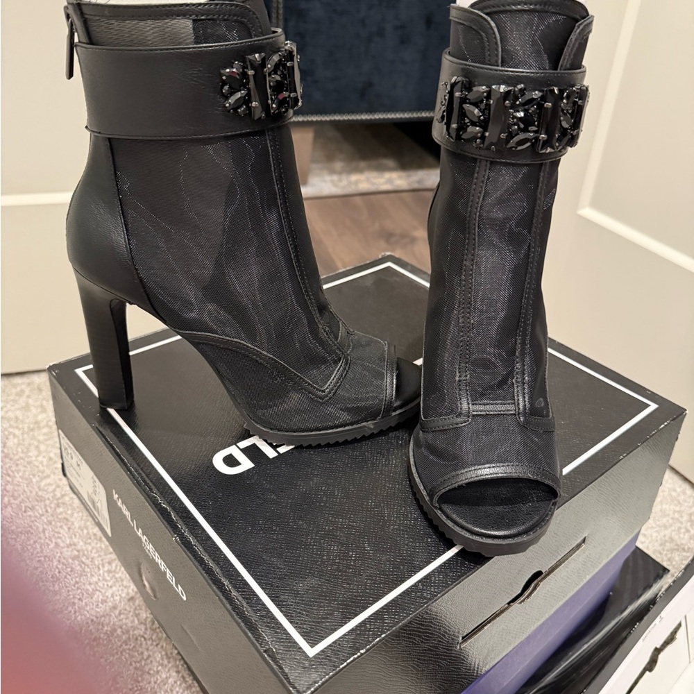 Karl Lagerfeld Black Heeled Boots with Peep-Toe